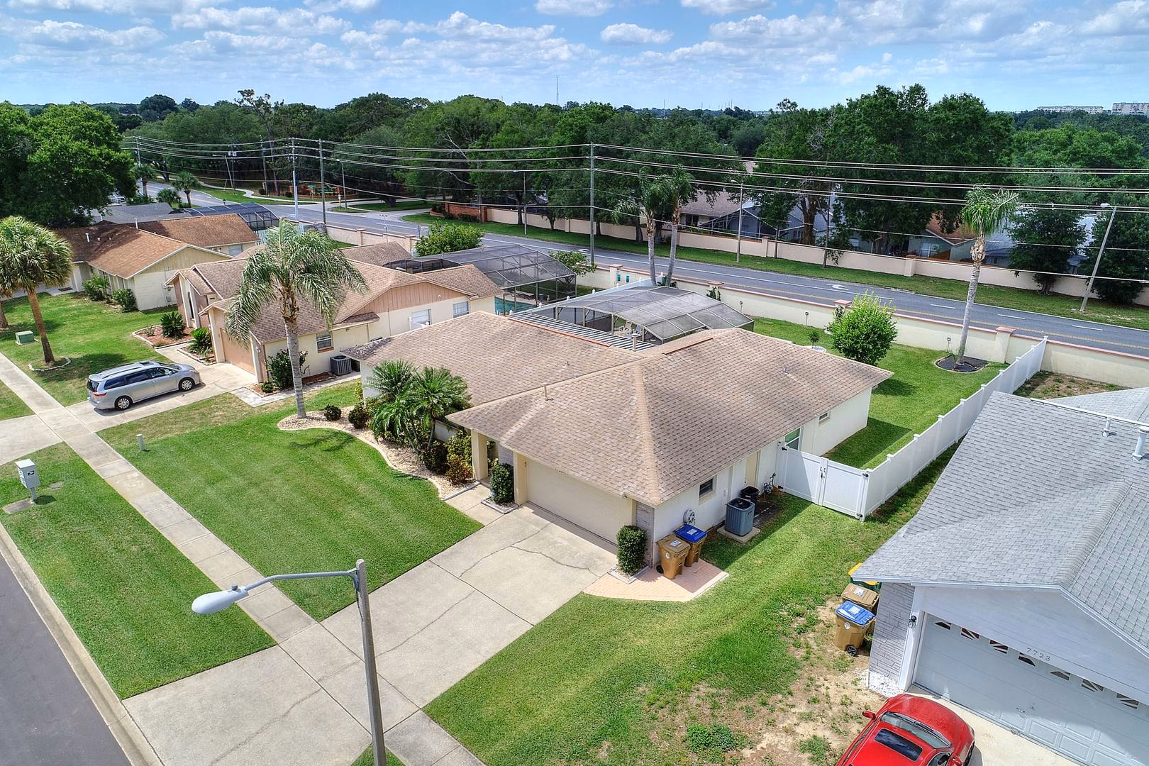 Aerial view of the villa and street